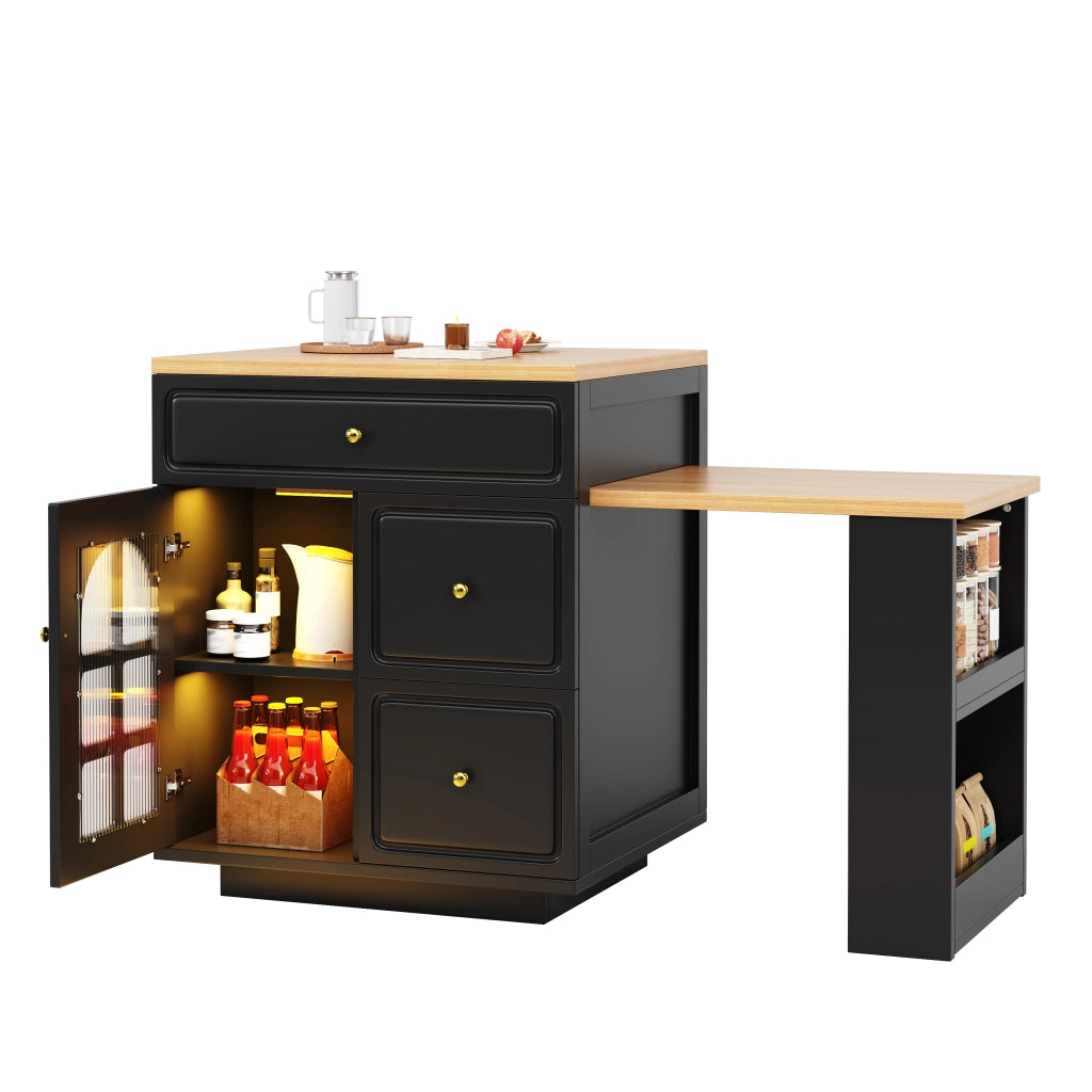 Isola cucina allungabile 122;5-195;5 cm nera con cassetti e luci LED RGB; MDF e vetro