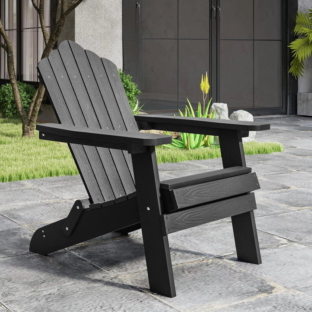 Adirondack - Sedia pieghevole, sedia da giardino con schienale inclinato e braccioli larghi, poltrona ergonomica con carico di 180 kg, seduta esterna per balcone, terrazza (nero)