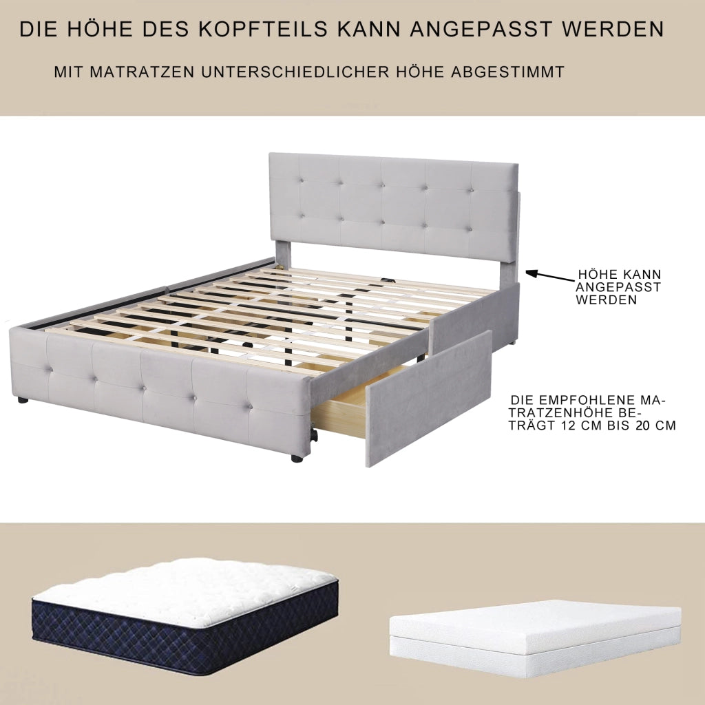 Letto con Cassetti; Contenitore - 4 Cassetti; Struttura in Acciaio e Tessuto - Grigio