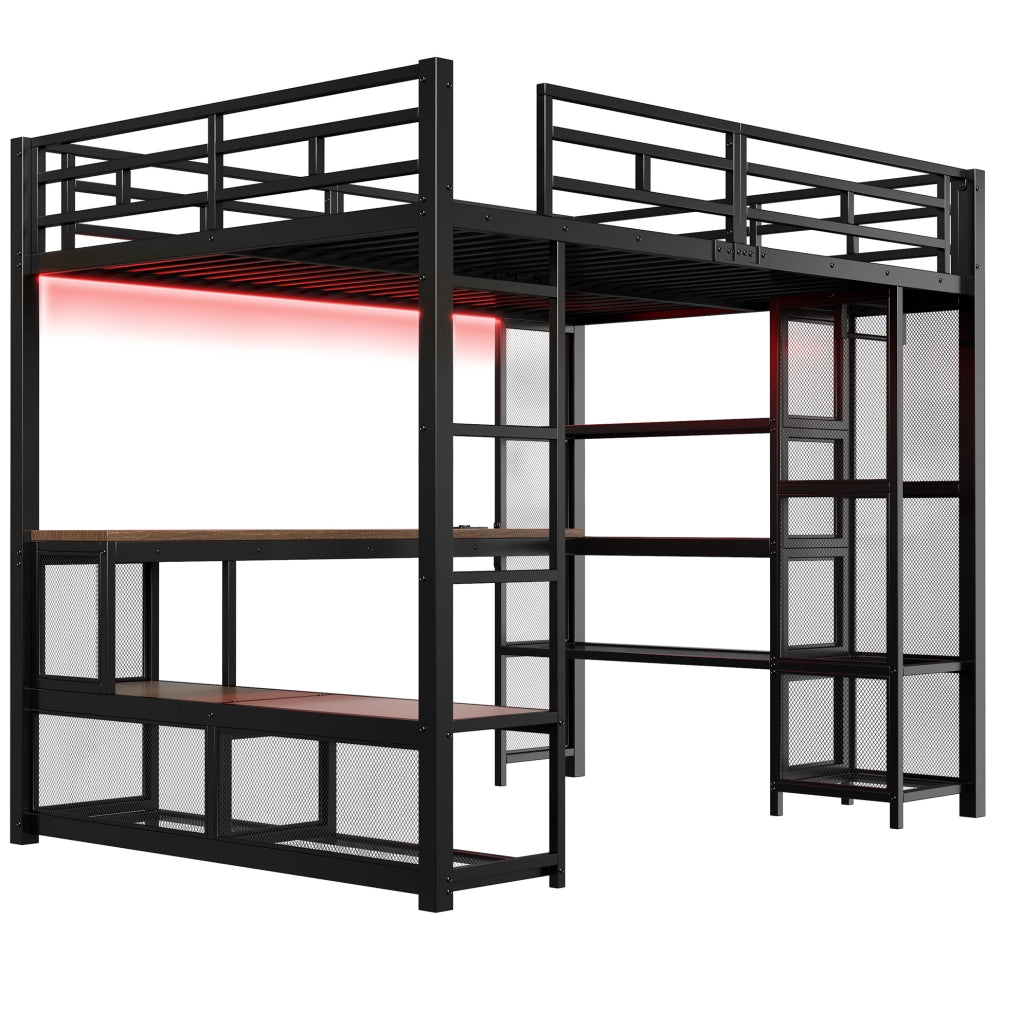 Letto a soppalco 140x200 cm con scrivania, armadio aperto e LED