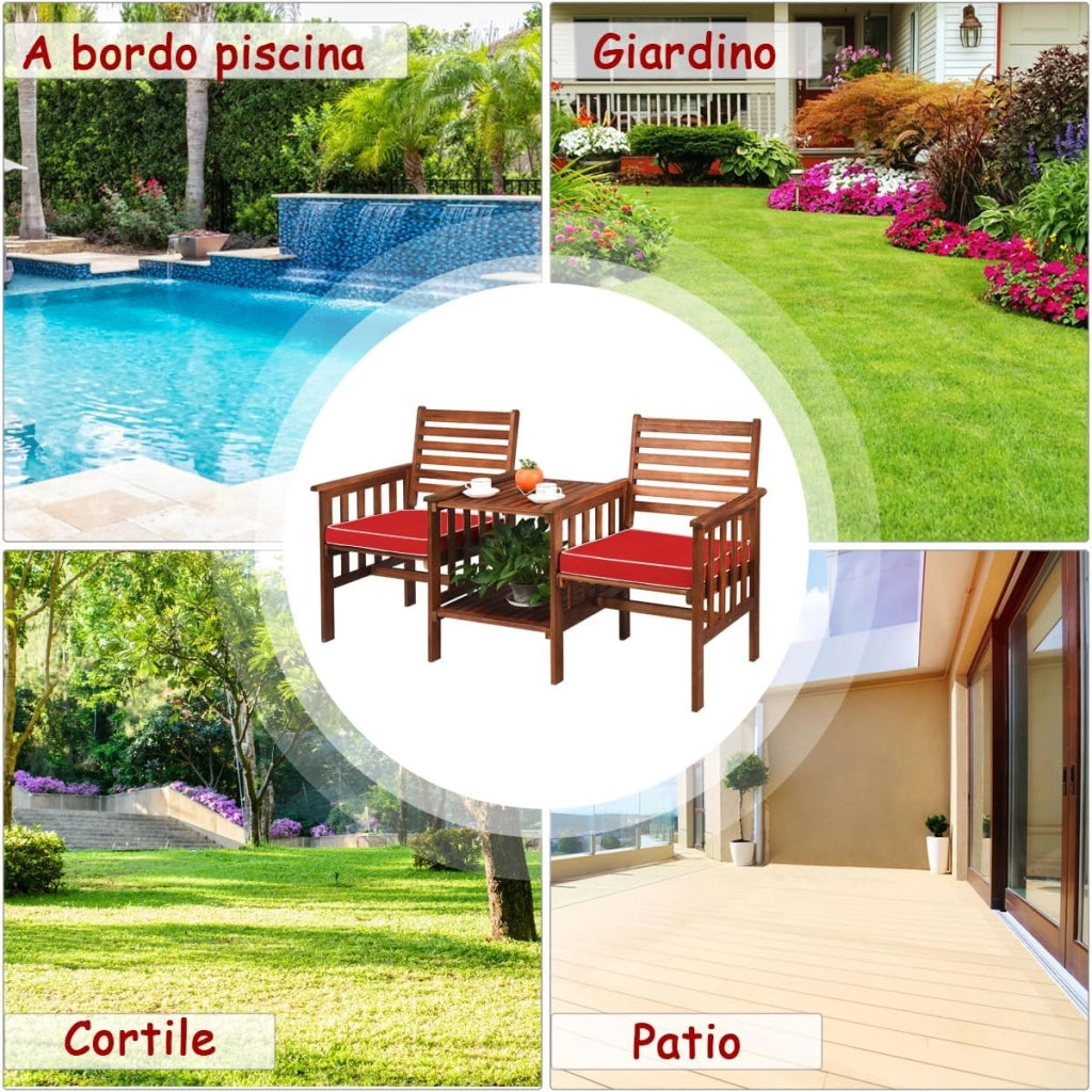 Set Tavolo e Sedia da Giardino con Foro per Ombrello, Set di Mobili a 2 Posti da Esterno in Legno di Acacia con Cuscini, per Giardino, Cortile e Bordo della Piscina (Rosso)