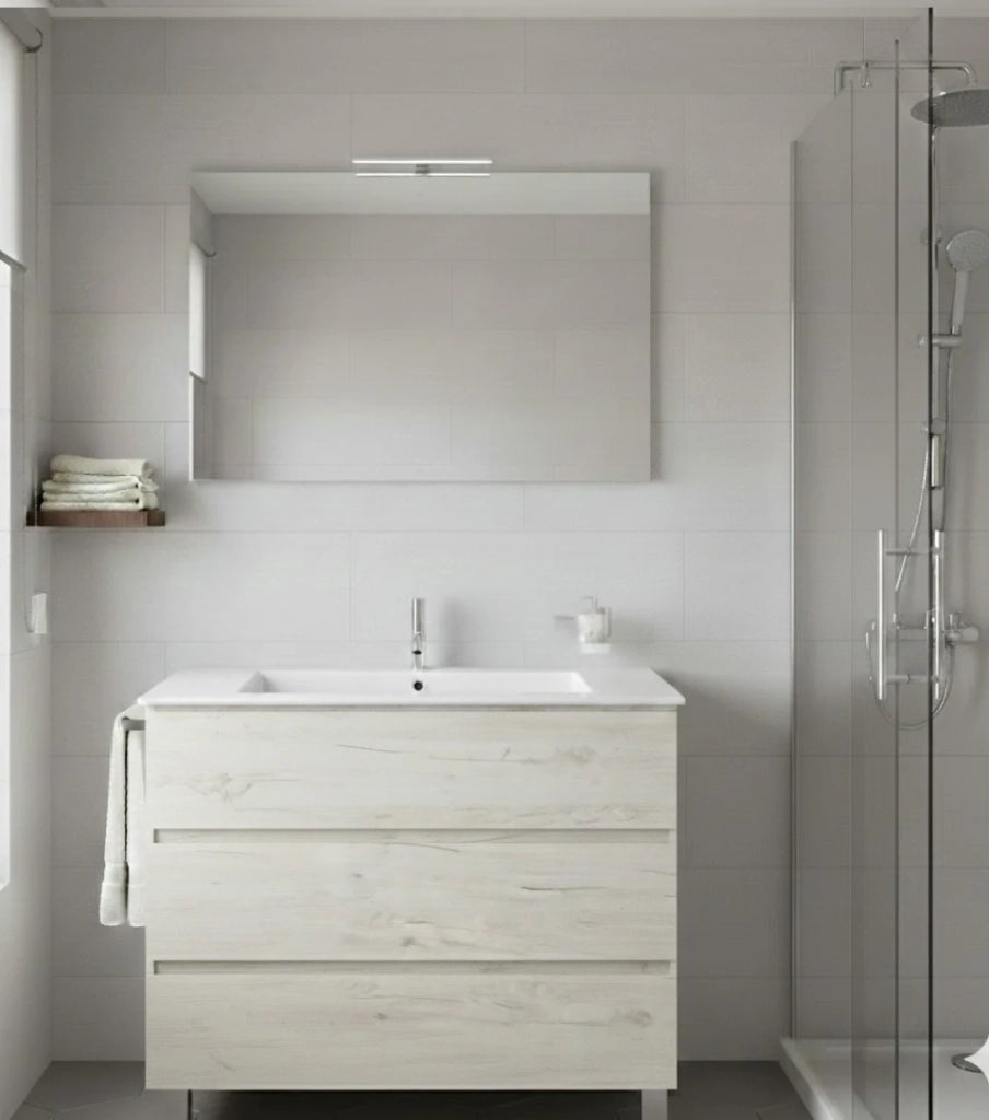 Mobile Bagno BALDER Già Montato 3 cassetti con piedini, lavabo e specchio Bianco nordico 60x35 cm