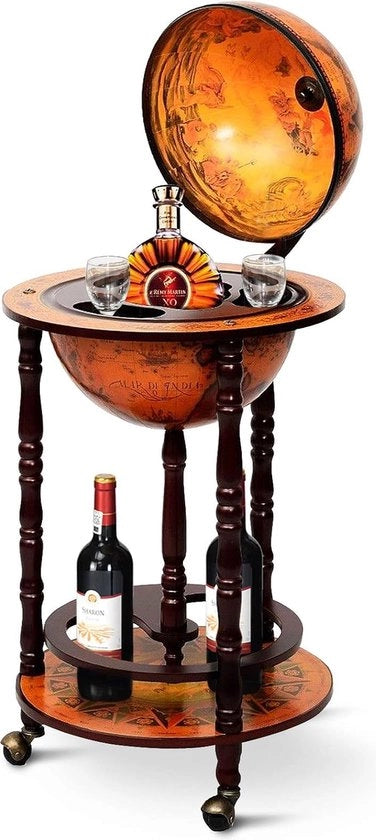 Bar a forma di globo in legno massello, colore marrone, dimensioni ca. 45x45x88cm (LxBxH)