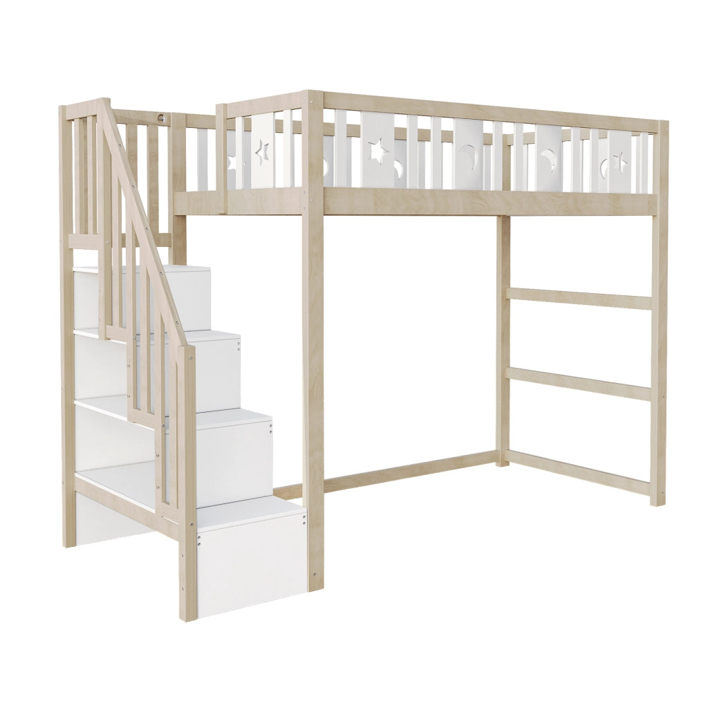OKWISH Letto a soppalco 90×200 cm, Letto Singolo con Scala con Ripiani, Sponde e Decorazioni Stelle e Luna, senza Materasso, Naturale