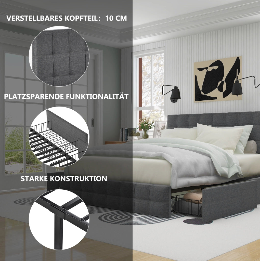 LETTO Contenitore 140x200 cm Grigio in Lino con materasso incluso