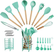 Set di accessori da cucina in silicone da 32 pezzi - Resistente al calore fino a 446 gradi Celsius - Manico in legno - Superficie antiaderente - Verde
