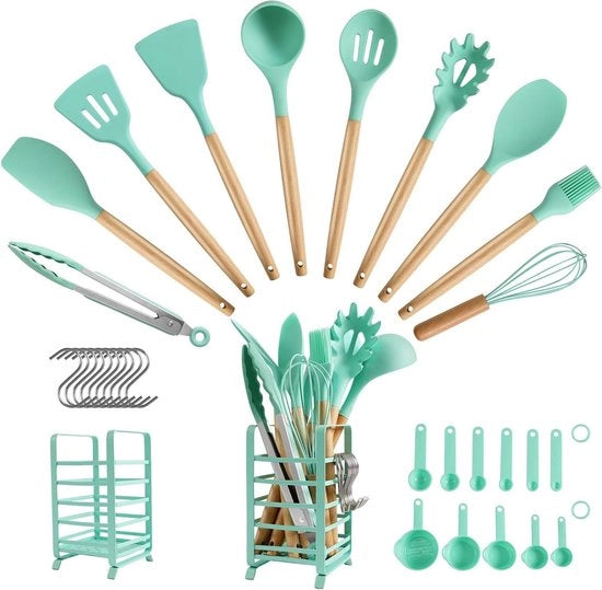 Set di accessori da cucina in silicone da 32 pezzi - Resistente al calore fino a 446 gradi Celsius - Manico in legno - Superficie antiaderente - Verde