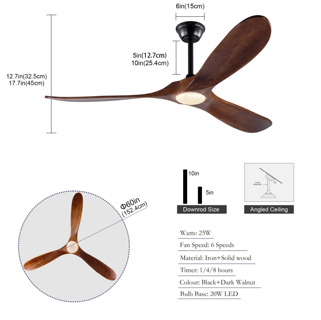 Ventilatore da soffitto 60 pollici con LED dimmerabile e telecomando, legno massello noce e nero