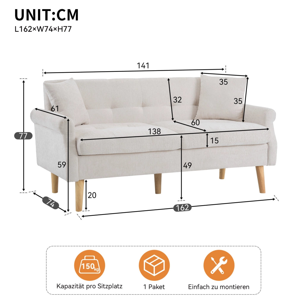 Divano 2 posti 162x74x77 cm in ciniglia beige con cuscini HOMVRA