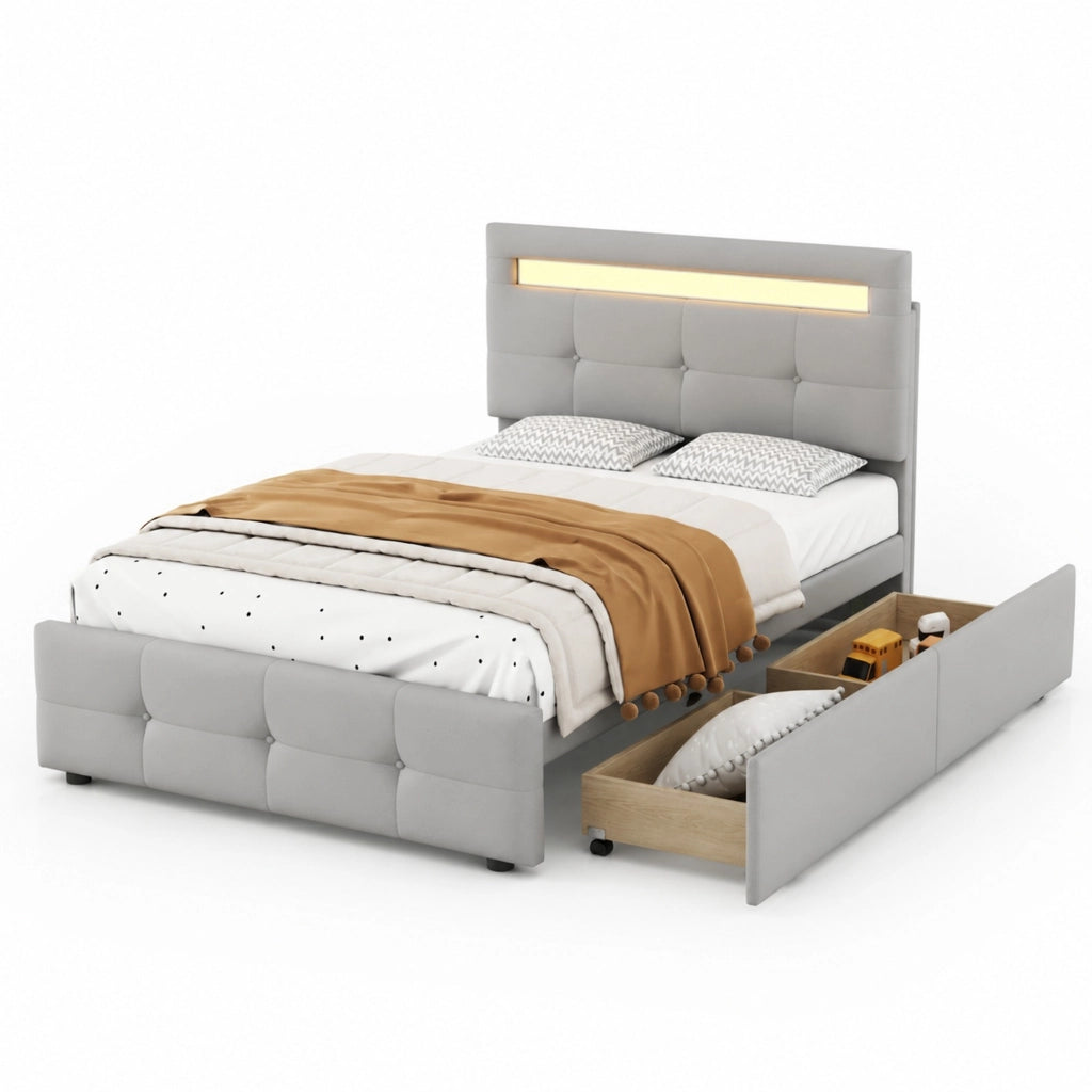 Letto singolo 90x200 cm imbottito con LED e 2 cassetti; grigio