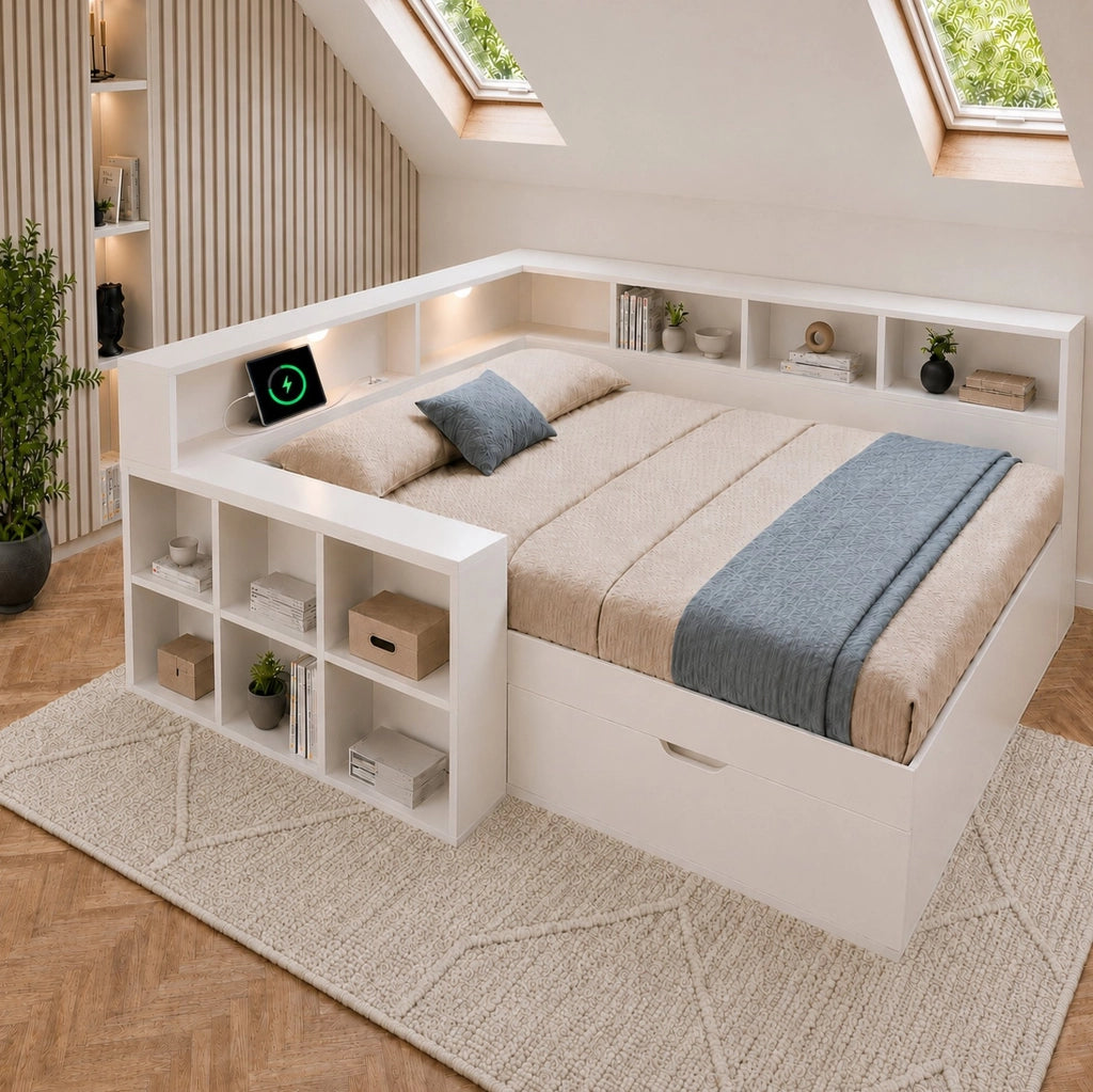Letto matrimoniale 140x190 cm con cassetti; USB e luci integrate; in truciolare; MDF e compensato; bianco