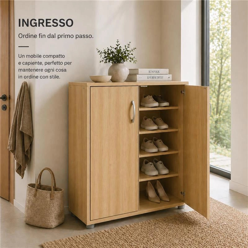 SCARPIERA IN MDF ROVERE CON CINQUE RIPIANI E DUE ANTE MISURE:60X30X83.5CM
