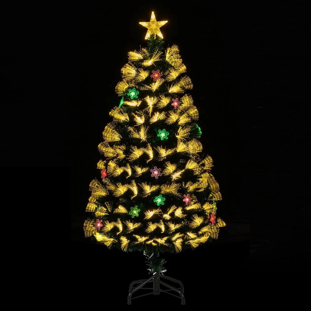 Albero di Natale con Luci in Fibra Ottica 120/150 cm, Albero di Natale Preilluminato con 8 Modalità di Illuminazione, 130/170 Rami, 14/20 Fiocchi di Neve, Puntale a Stella e Base (120 cm)