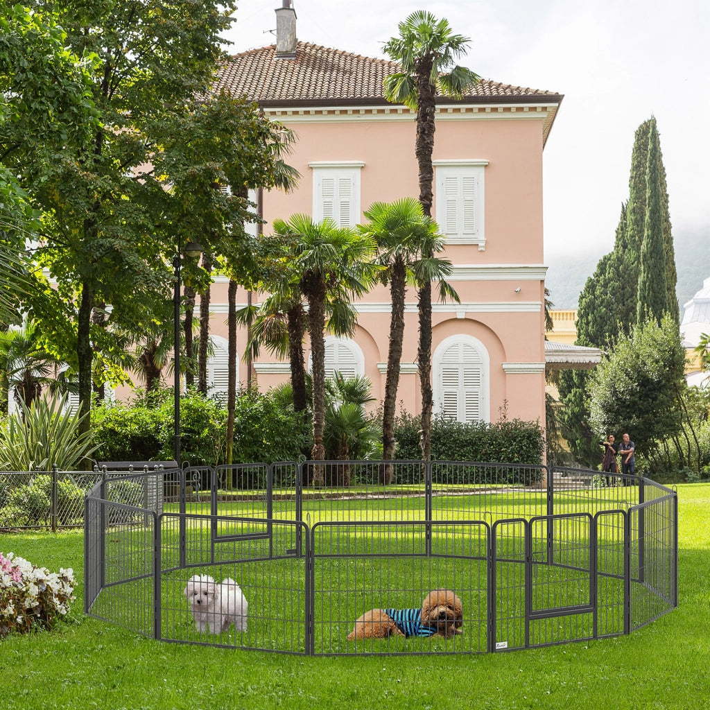 Area giochi modulare con 12 pannelli e porta pieghevole per cani in acciaio nero per interni ed esterni 80 × 60 cm