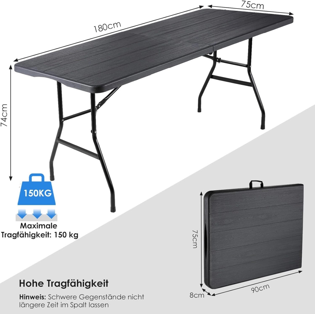 Tavolo da Giardino Pieghevole 180x75 cm,Tavolo da Buffet con Impugnatura di Trasporto,Tavolo Pieghevole in HDPE Plastica per 10 Persone,Ottica in Legno,Tavolo da Campeggio Tavolo Feste