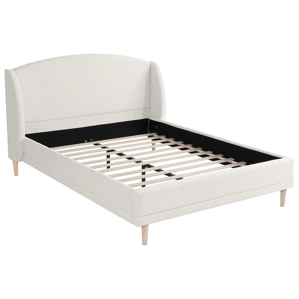 Letto imbottito con testiera a orecchie - Xylo - 140¡Á190 cm - Bianco avorio - Design curvo con rete a doghe solide e piedi in legno di gomma