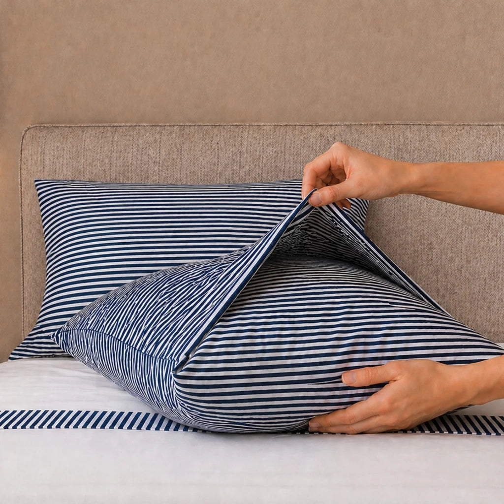Set Lenzuola Letto Matrimoniale in Puro Cotone | Completo Letto 2 Piazze | Lenzuolo con angoli, Lenzuolo Piano e 2 Federe | Lenzuola in Cotone con Balza a Righe Blu