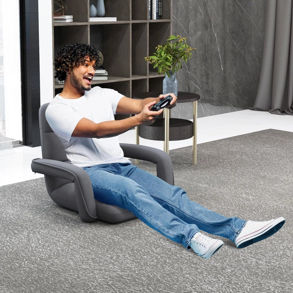 Sedia da Pavimento con Supporto Lombare, Poltrona Divano Regolabile a 6 Posizioni con Braccioli, Chaise Lounge per Soggiorno Camera da Letto, 60x64x54 cm