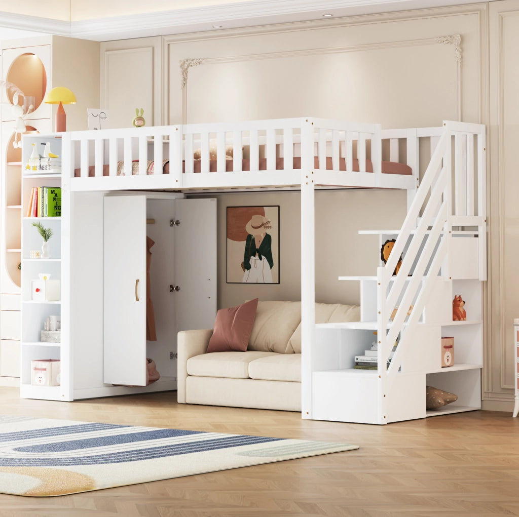 Letto a soppalco per bambini 90x200 cm con armadio; gradini contenitore e ripiani; bianco
