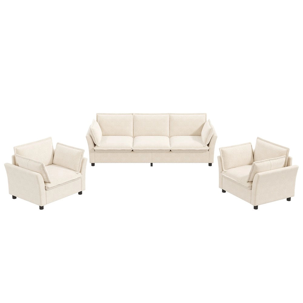 Divano 3 posti set modulare con 2 poltrone e cuscini ¨C Minimal ¨C Beige tessuto chenille imbottito design moderno