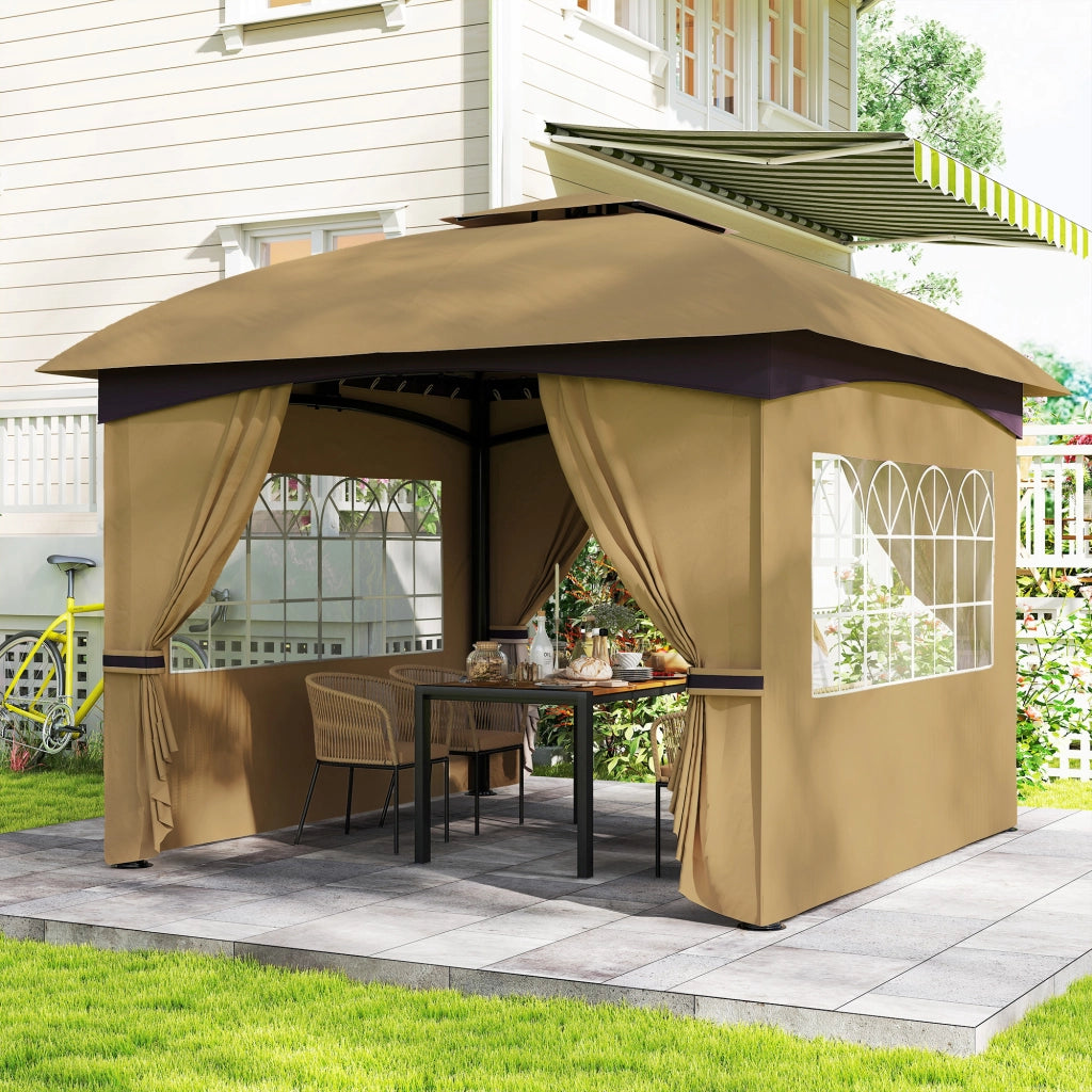Gazebo da Giardino 3.4x3.4m con Pareti, Protezione UV e Tetto a 2 Livelli, Beige