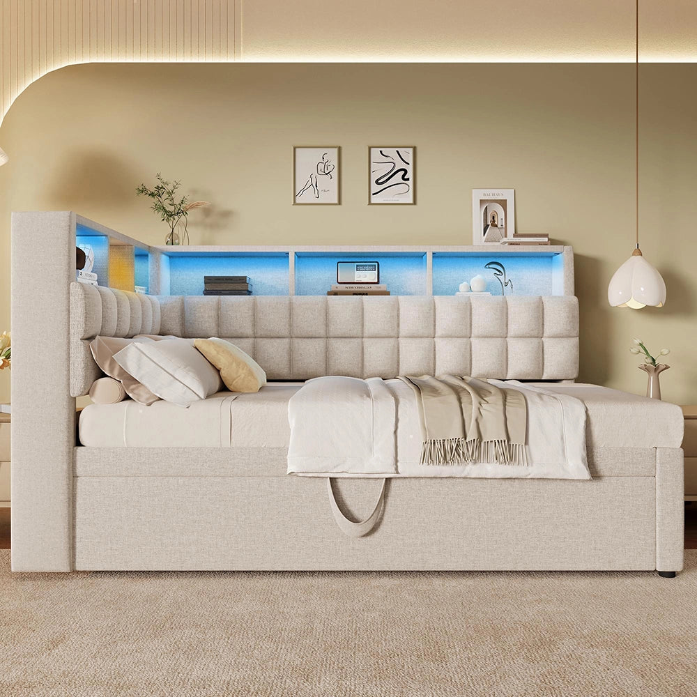 Letto imbottito-Xylo-90x200cm+90x190 LED Bluetooth USB-C testiera L lino beige senza materasso