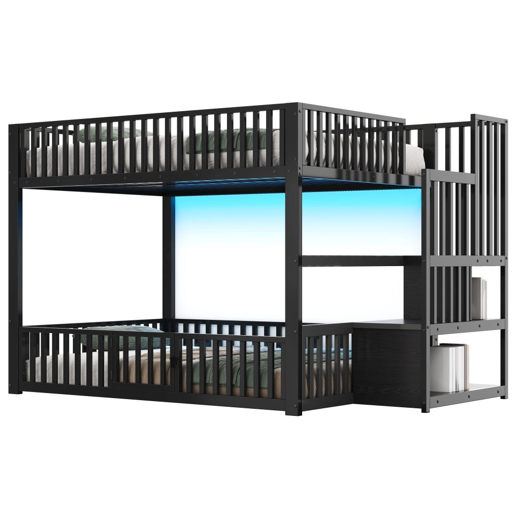 Letto a Castello 140x200 cm; 2 Posti - LED Regolabile; Scala con Contenitore - Nero