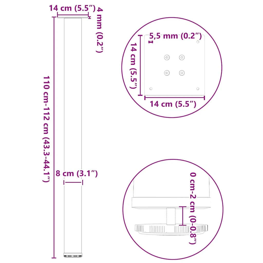 Set di 4 gambe per tavolo da bar in acciaio verniciato a polvere color antracite 110-112 cm con piedini regolabili 02_0056779