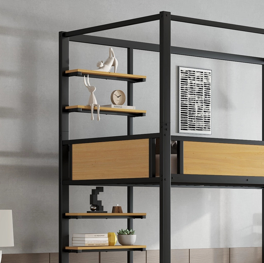 Letto a castello in metallo e MDF con vani contenitore e scaffali laterali