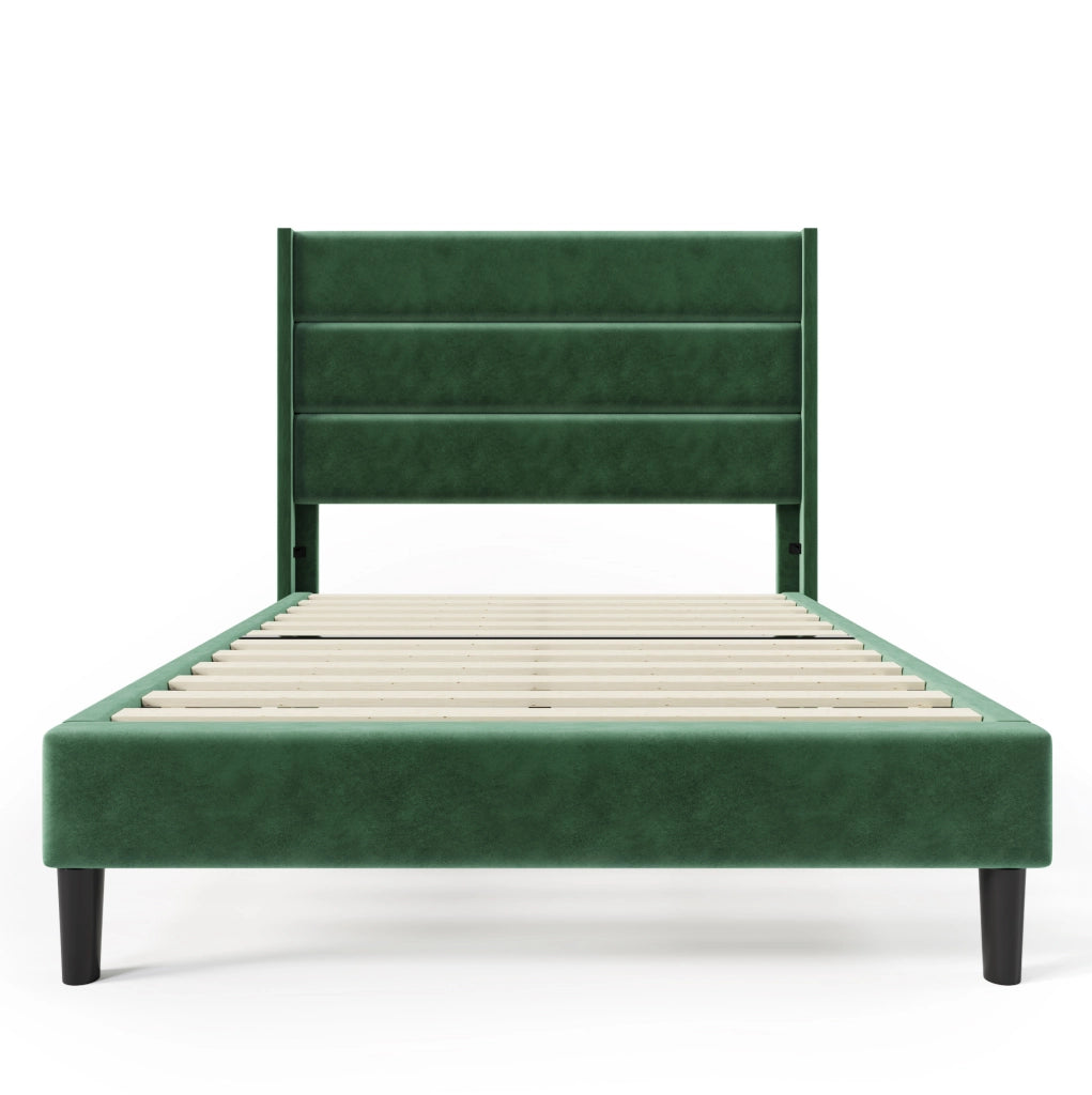 Letto imbottito con rete a doghe e testiera; 90x200 cm; velluto verde scuro