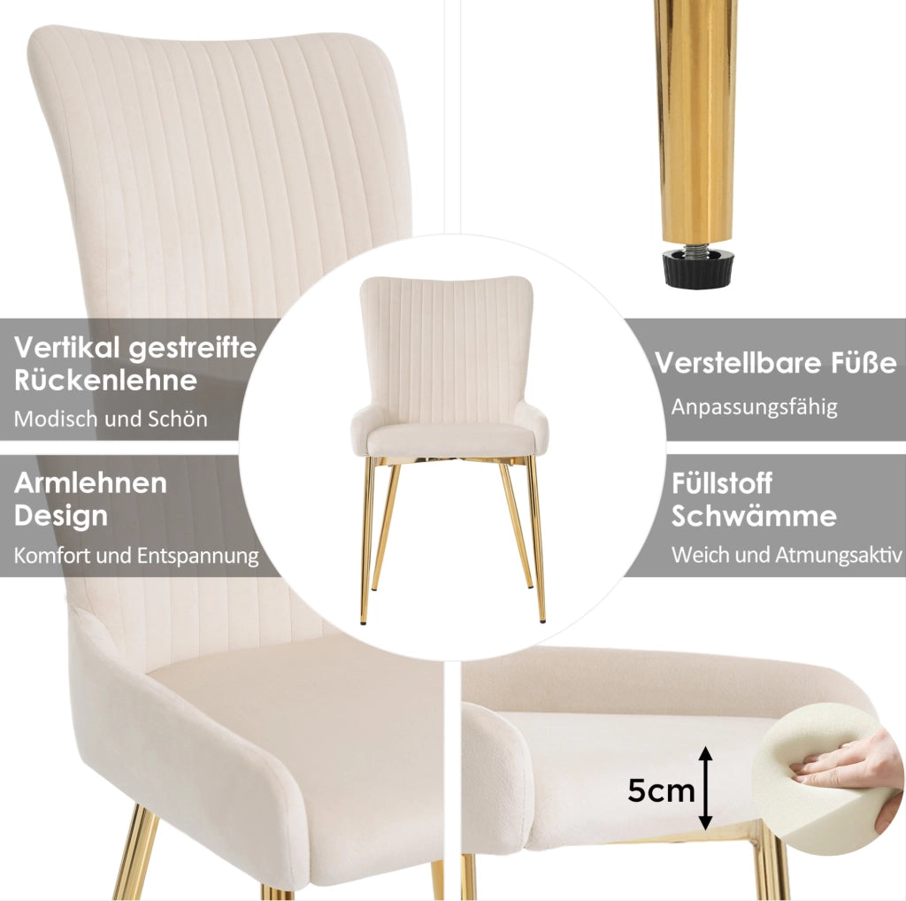Set 2 sedie da pranzo in velluto beige con gambe oro