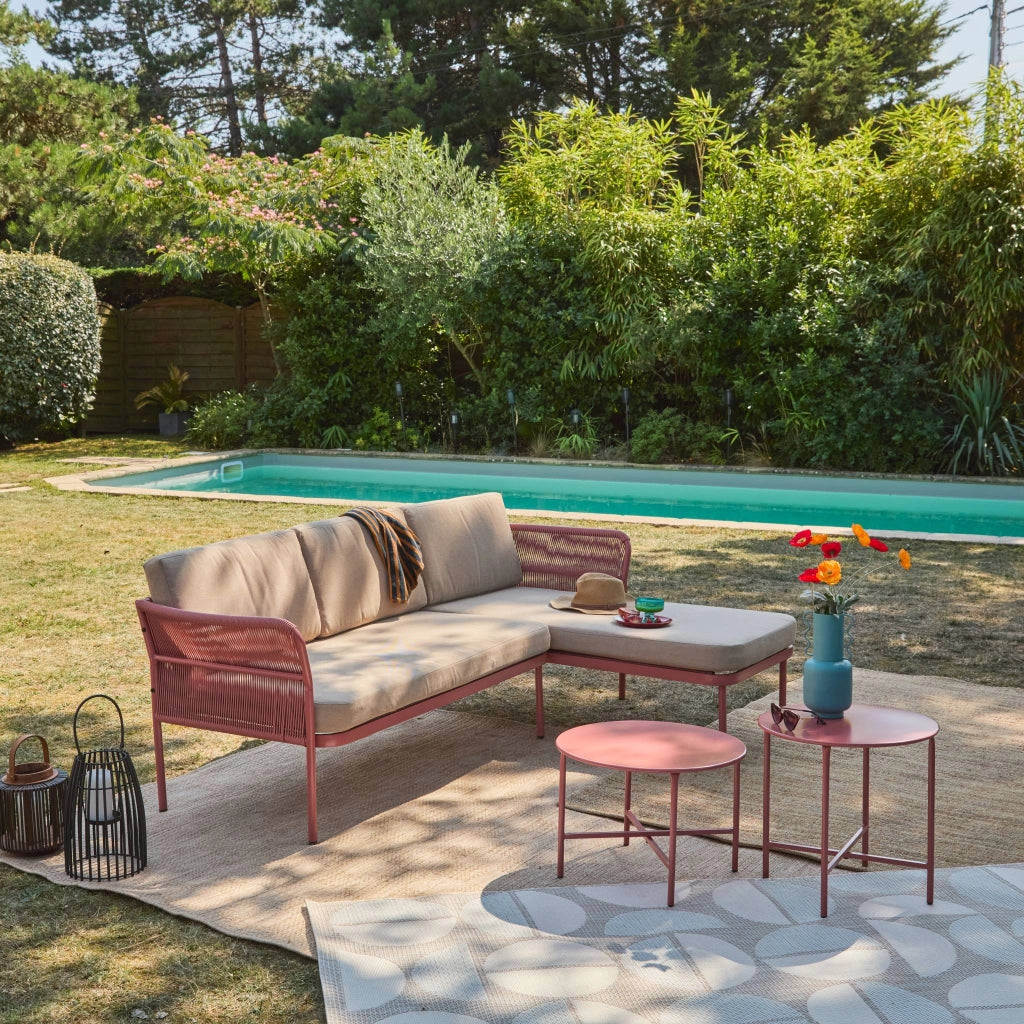 Salotto da giardino angolare in acciaio e corde, 4 posti, beige