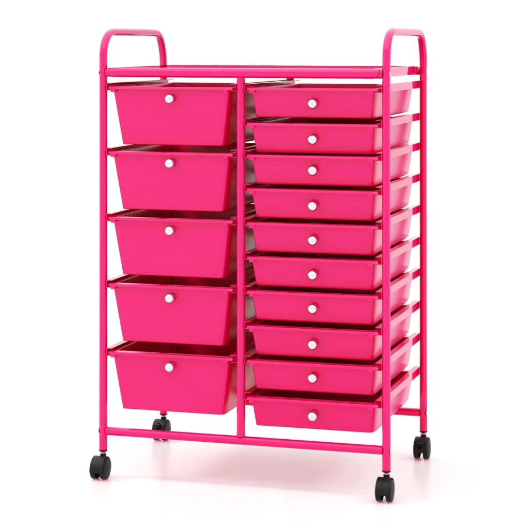 Carrello con 15 cassetti estraibili e ruote con freno, Carrello multiuso per casa ufficio scuola Rosa scuro-Armadi da ufficio