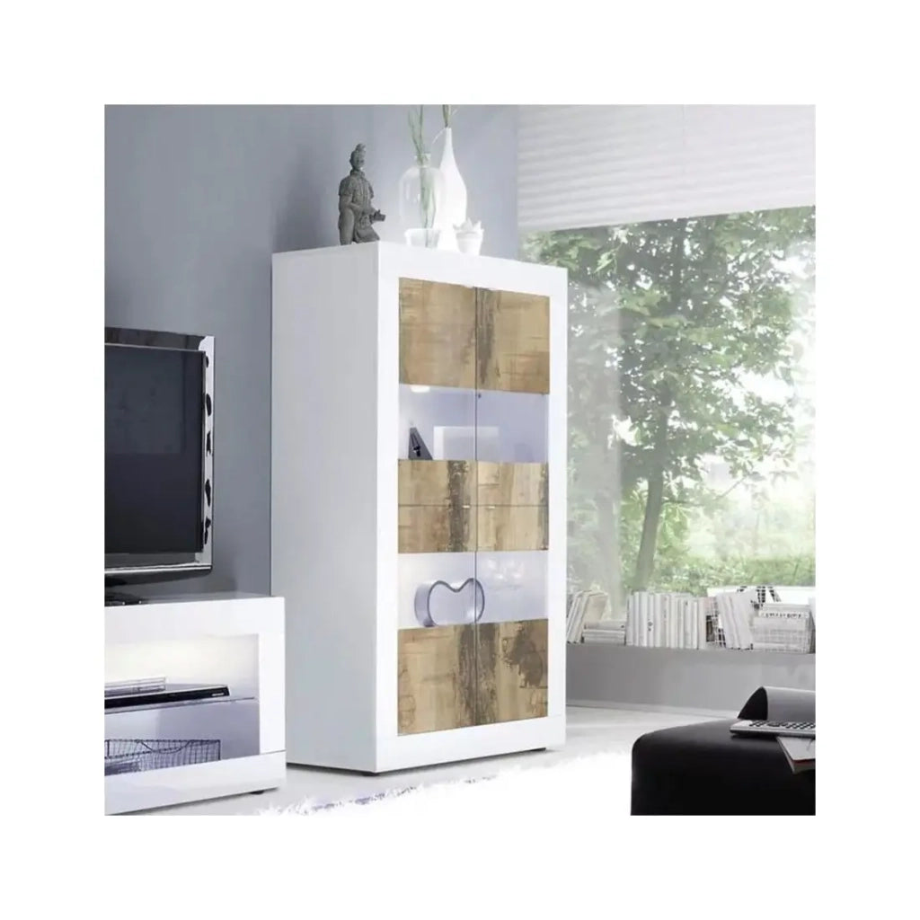 Vetrina 4 porte, collezione ISORA, color bianco lucido laccato e rovere chiaro