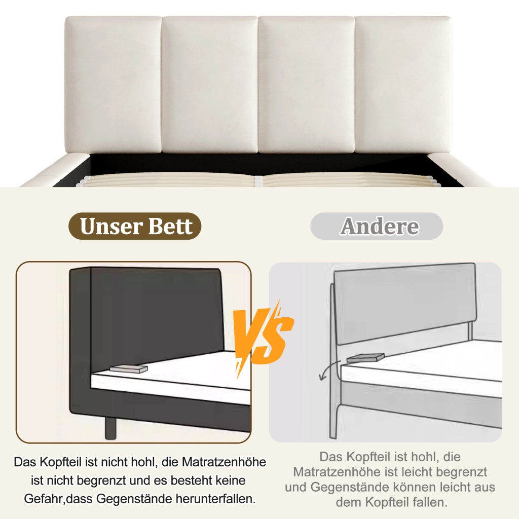Letto per adulti 180 × 200 cm con testiera imbottita, rete inclusa, senza materasso, beige
