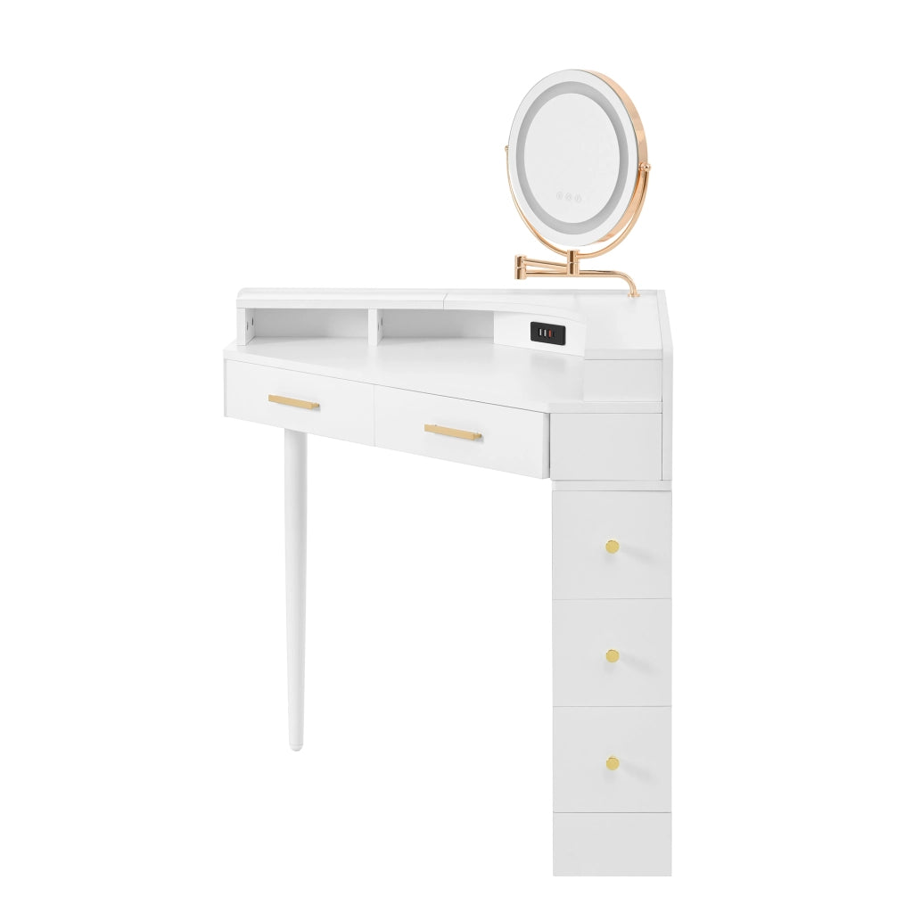 Scrivania Angolare Toeletta con Specchio LED e 5 Cassetti ¨C MINIMAL ¨C Bianco 105.5x75x120 cm