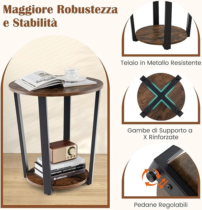 Tavolino Rotondo, Tavolino Laterale a 2 Ripiani con Mensola Aperta, Tavolino da Divano con Struttura in Metallo per Soggiorno, Camera da Letto e Piccoli Spazi (Marrone)