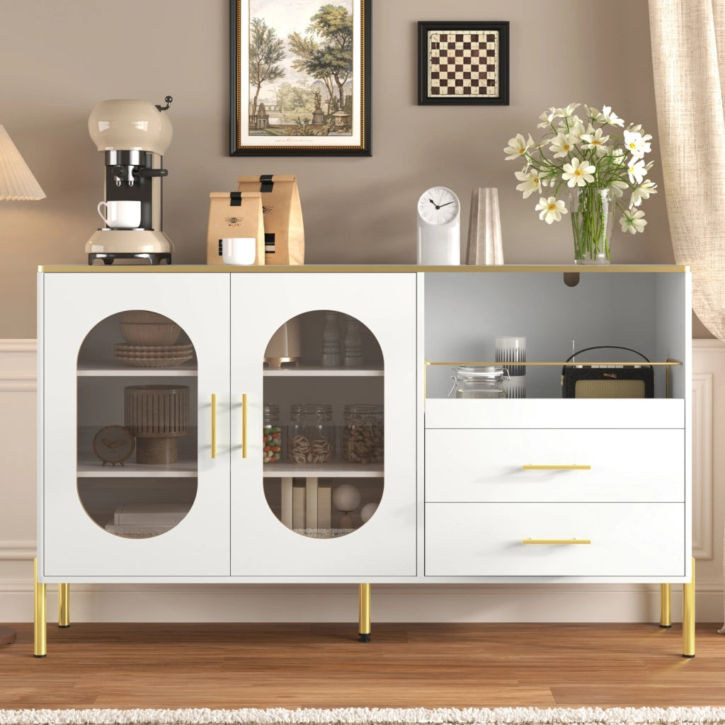 OKWISH Credenza Moderna con 2 Cassetti e 2 Ante in Vetro, Passacavi, per Soggiorno o Sala da Pranzo, MDF, 140 x 38 x 90 cm