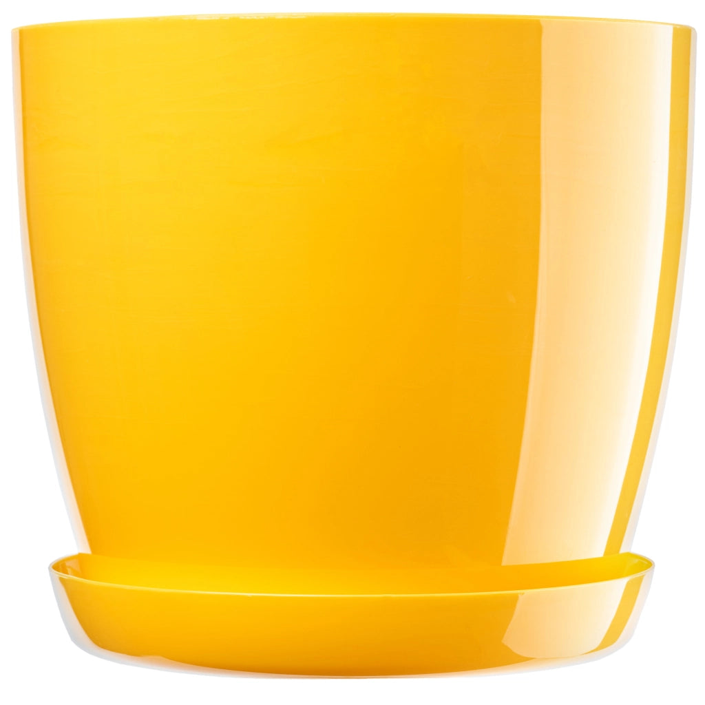 Vaso da fiori KADAX con supporto, rotondo e coperchio, 16 cm, in plastica gialla.