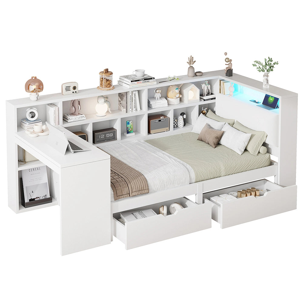 Letto angolare-Xylo-90x200 cm-scrivania, libreria, LED, cassetti, bianco