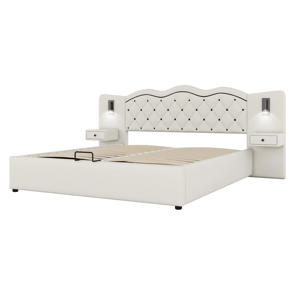 Letto imbottito ULEVR 180x200 cm beige con contenitore idraulico, USB e luci laterali integrate