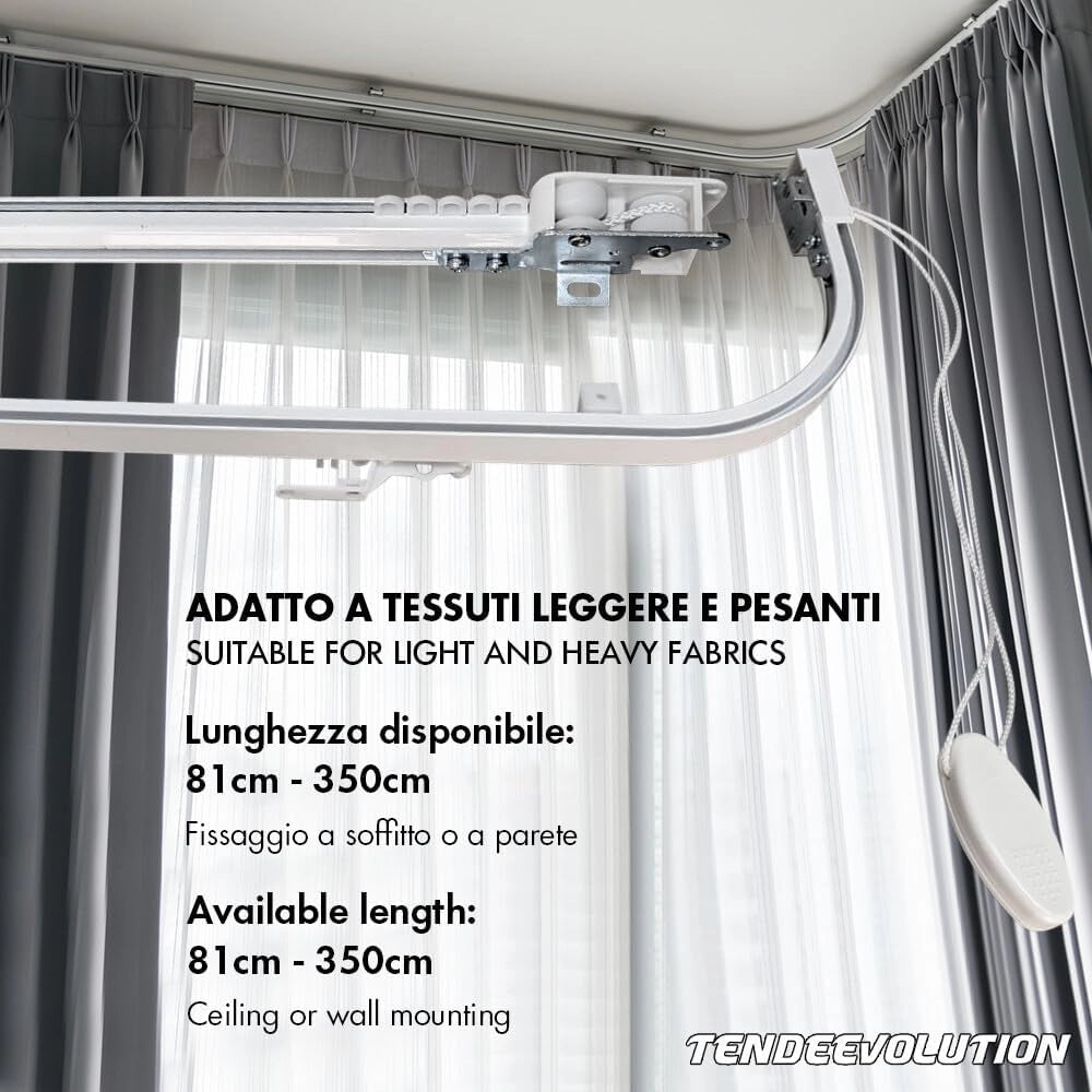 Binario Scorritenda da Soffitto in Alluminio Bianco, Curve Sporgenti 22cm, Movimento a Corda, Apertura Centrale CM lunghezza 100cm