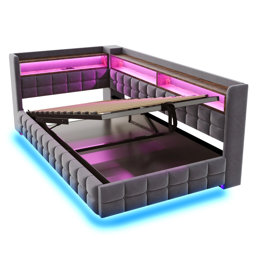 Letto singolo imbottito 90x200 cm con contenitore idraulico; LED e prese USB-C; grigio