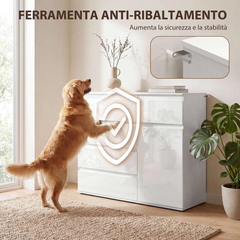 Credenza con 5 Cassetti, Ripiano Regolabile ¨C zephmum ¨C Bianco Lucido