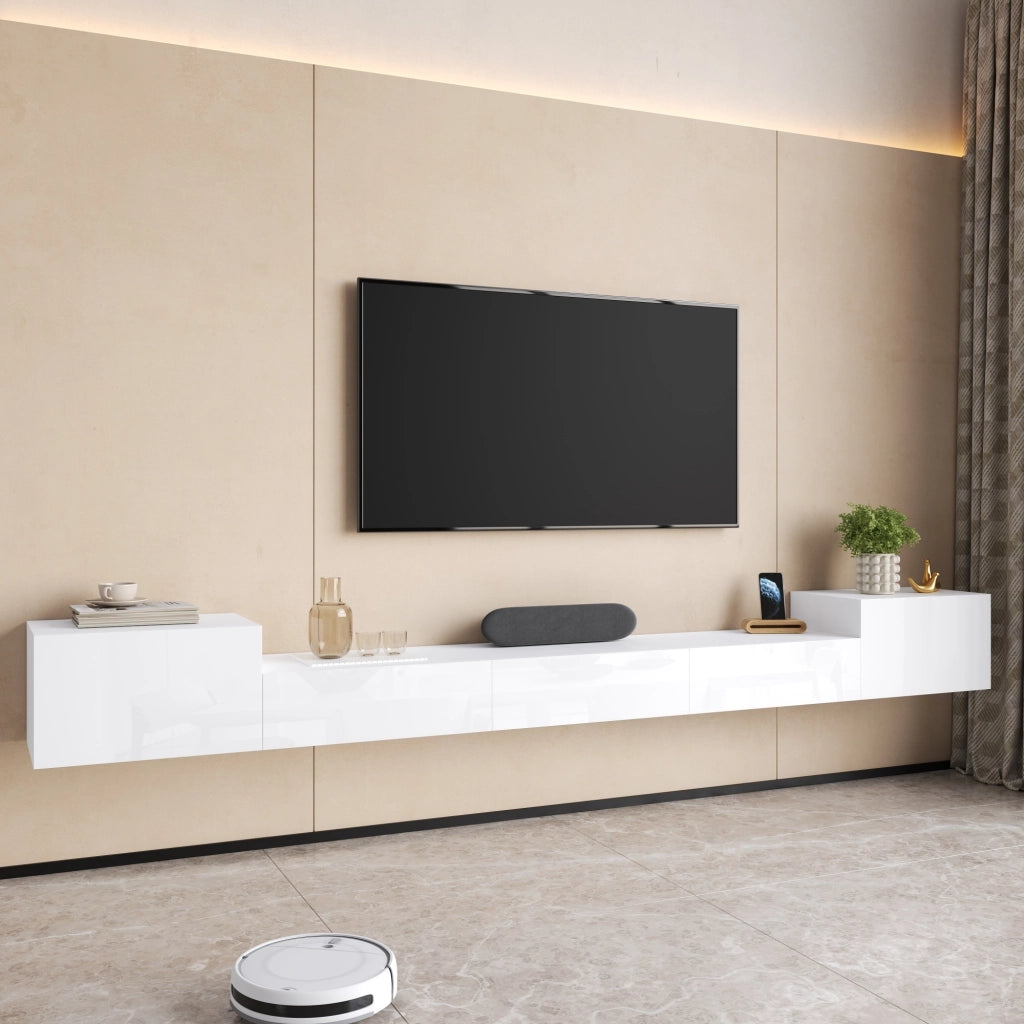 Mobile Porta TV Sospeso 245 cm Bianco Lucido con 5 Ante e Illuminazione LED App