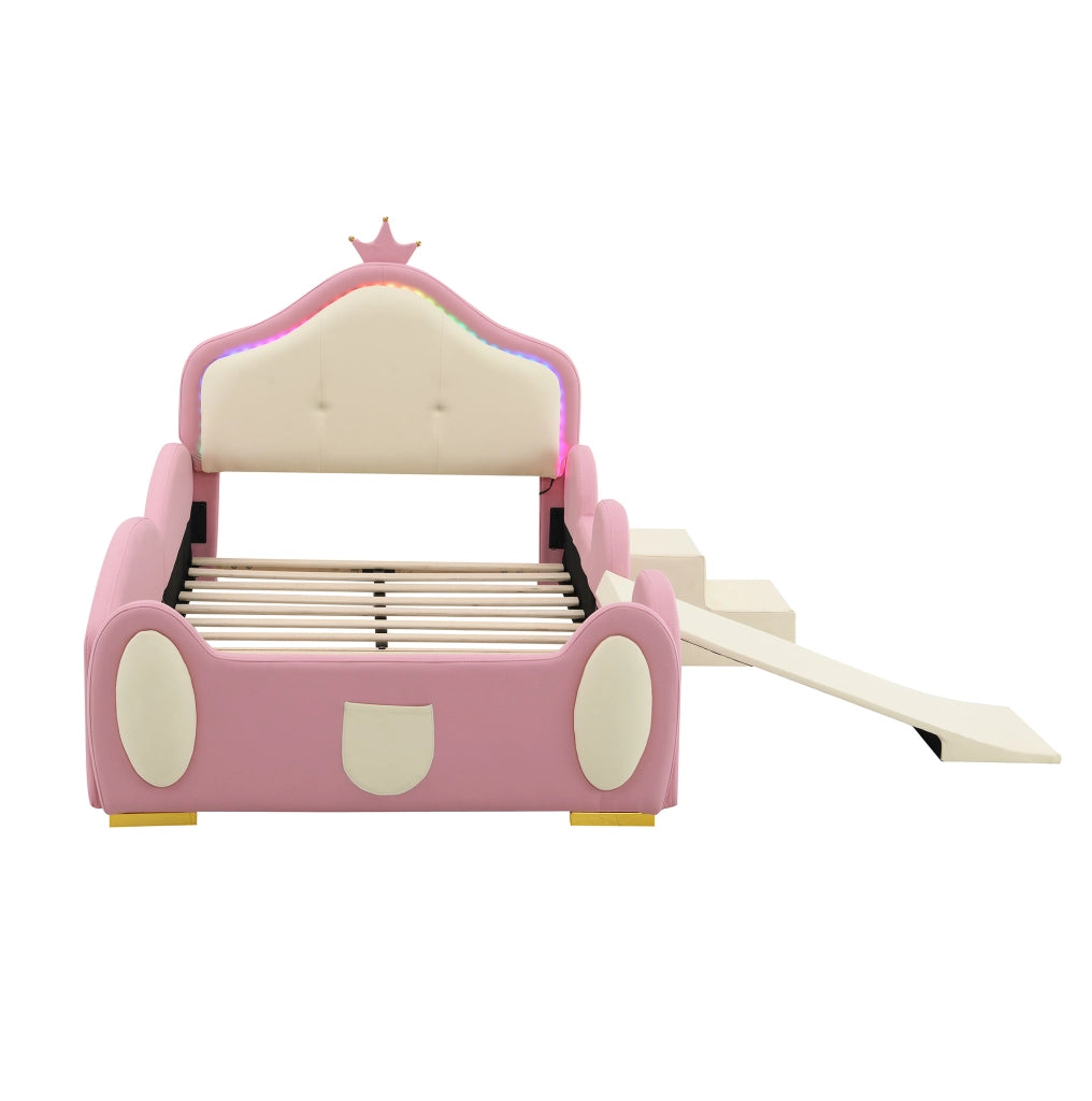Letto imbottito per bambini ULEVR 90x200 cm con LED multicolore, scivolo e scaletta, PU rosa e beige
