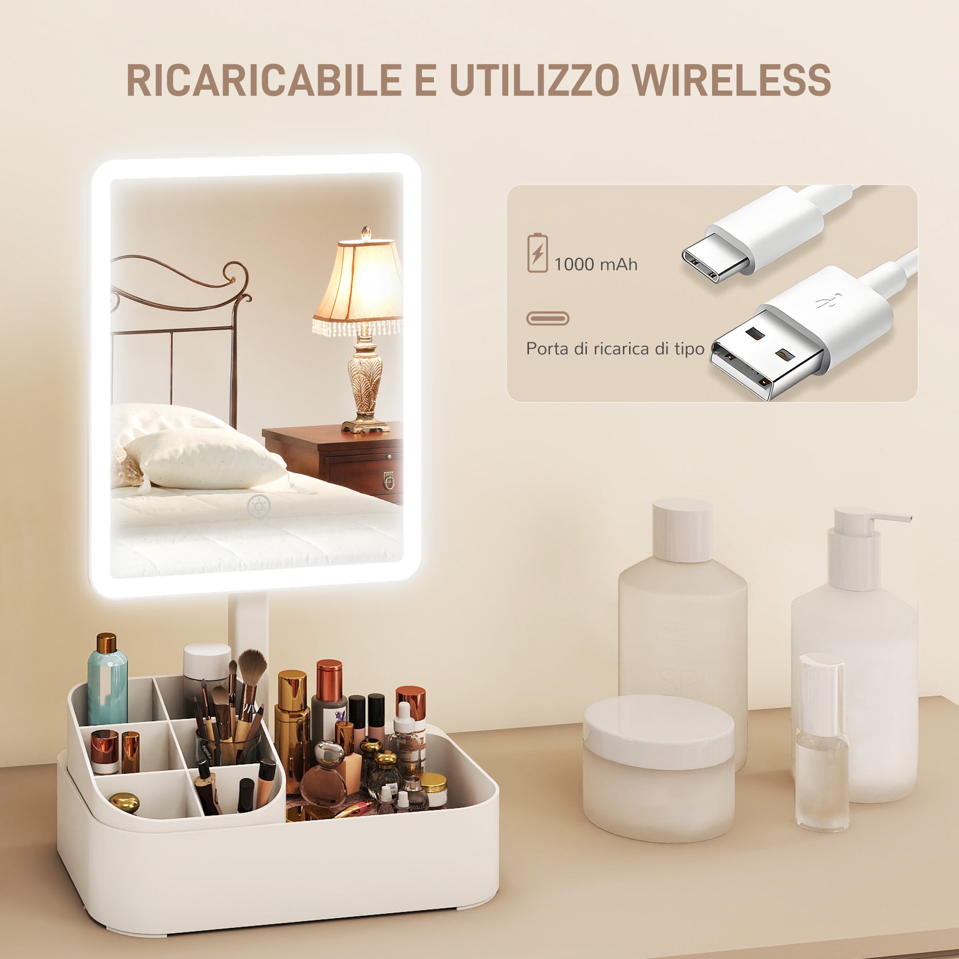 Specchio da Trucco con Luce Regolabile su 2 Livelli Rotazione 180° e Organizer per Trucchi Bianco