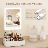 Specchio da Trucco con Luce Regolabile su 2 Livelli Rotazione 180° e Organizer per Trucchi Bianco