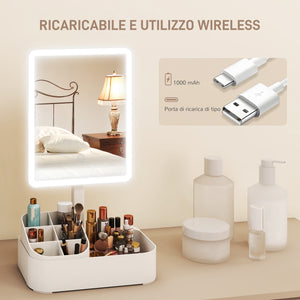 Specchio da Trucco con Luce Regolabile su 2 Livelli Rotazione 180° e Organizer per Trucchi Bianco