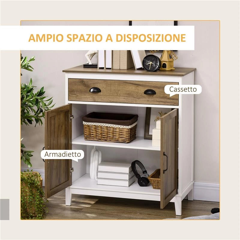 MOBILE MULTIUSO IN TRUCIOLATO CON ARMADIETTO E CASSETTO IN STILE RUSTICO, 78.5X39X89.4CM, BIANCO